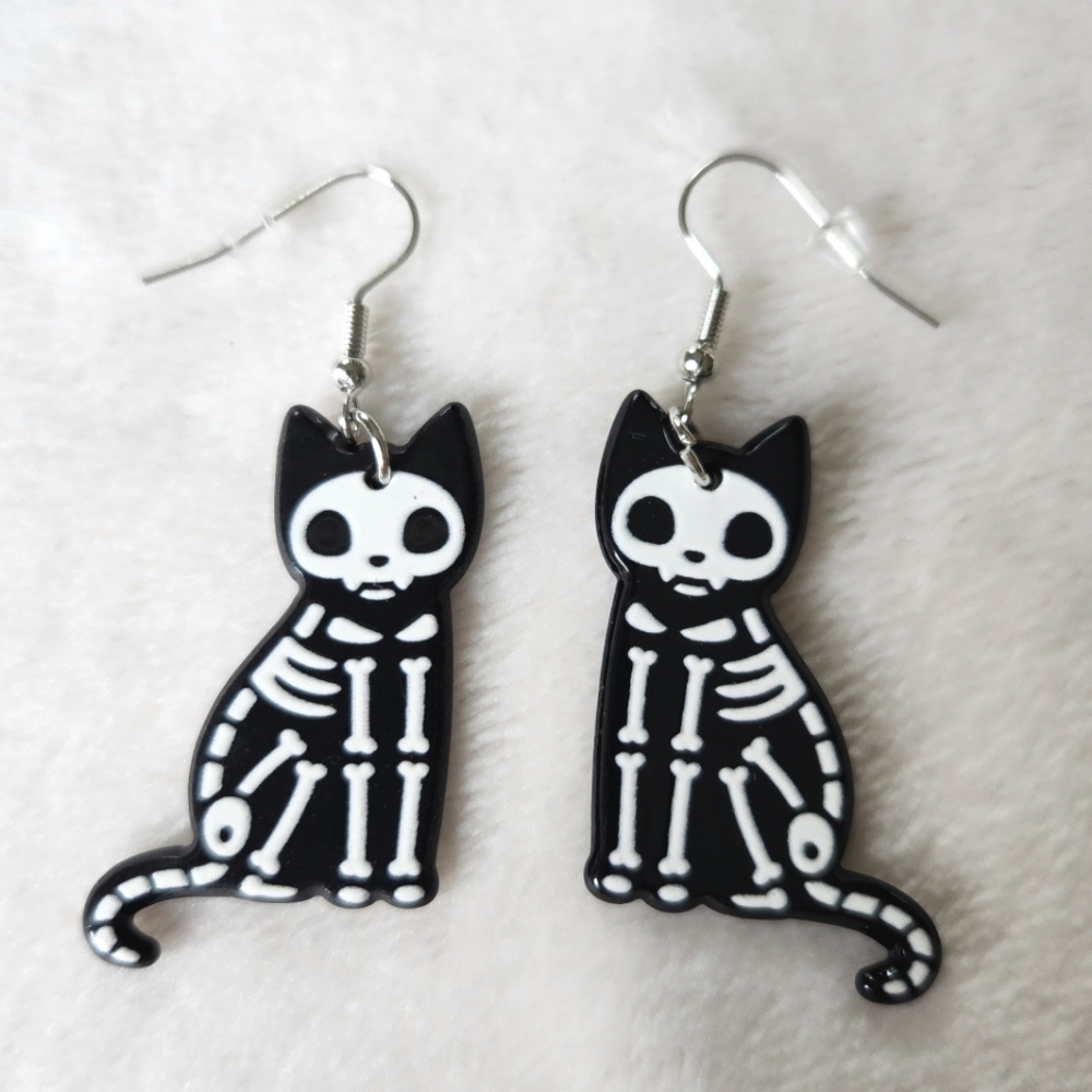 Black and White Skeleton Cat Earrings
